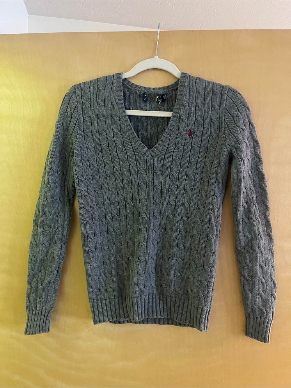 Polo by Ralph Lauren Gray Cable-Knit V-Neck Sweater with Red Pony Logo